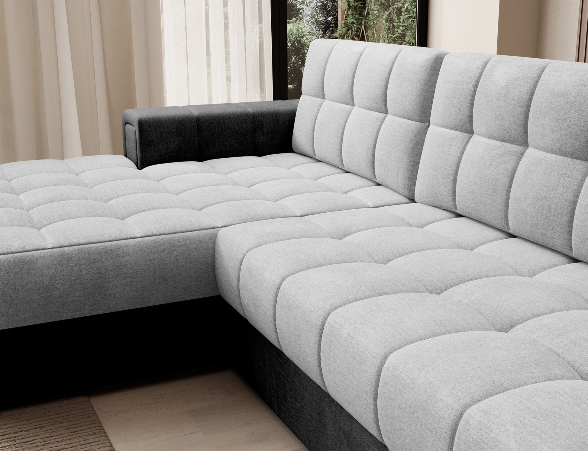 Pikowane siedzisko narożnika Blezalt lewy w jasnoszarej i ciemnoszarej tkaninie Monolith – wygodny i elegancki mebel do nowoczesnego salonu.