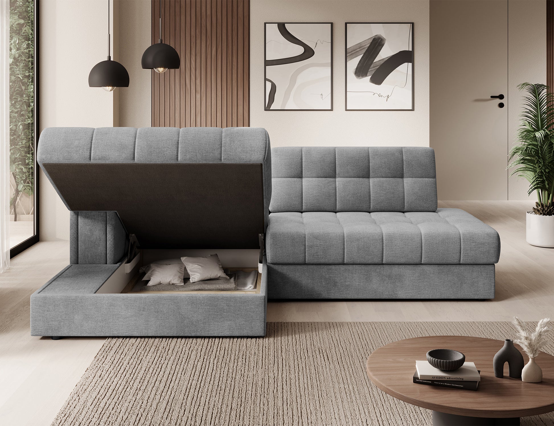 Narożnik Blezalt lewy Monolith 85 z otwartym pojemnikiem na pościel, szare pikowane siedzisko i oparcie, jasne wnętrze, drewniana lamela.