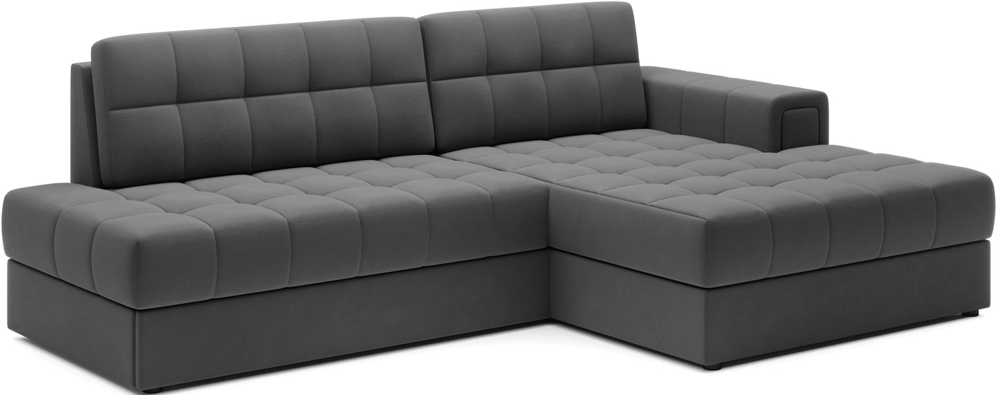 Narożnik Blezalt lewy w tkaninie Sola 06 szary – widok z ukosa, eleganckie pikowanie, minimalistyczny design.