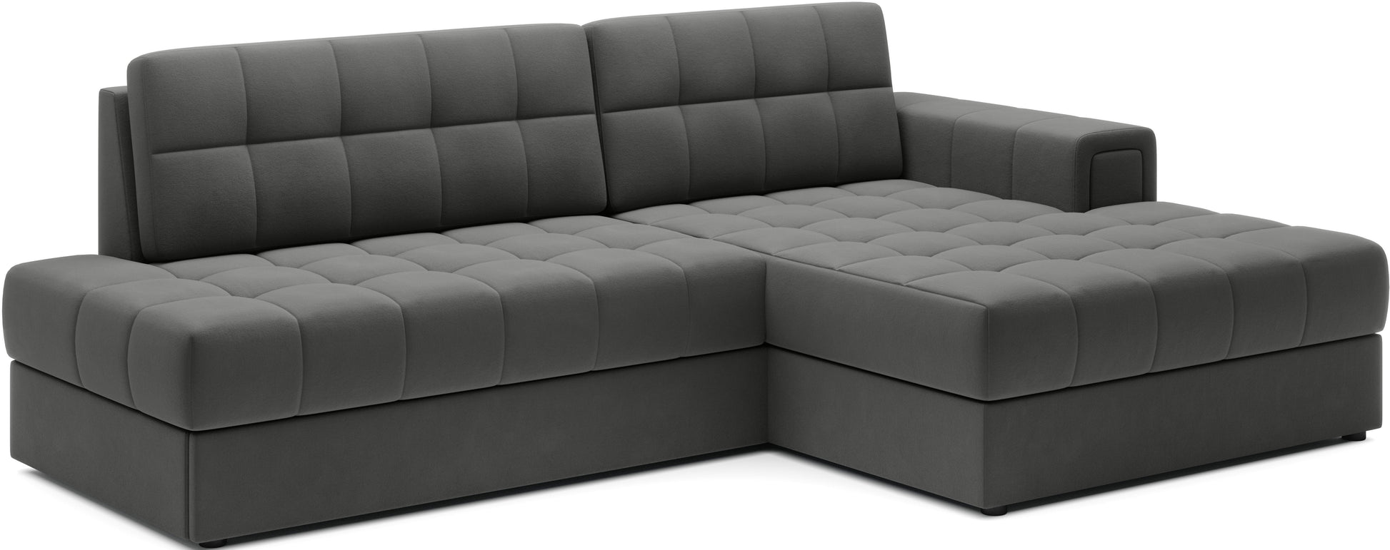 Narożnik Blezalt lewy w tkaninie Sola 06 szary – widok z ukosa, eleganckie pikowanie, minimalistyczny design.