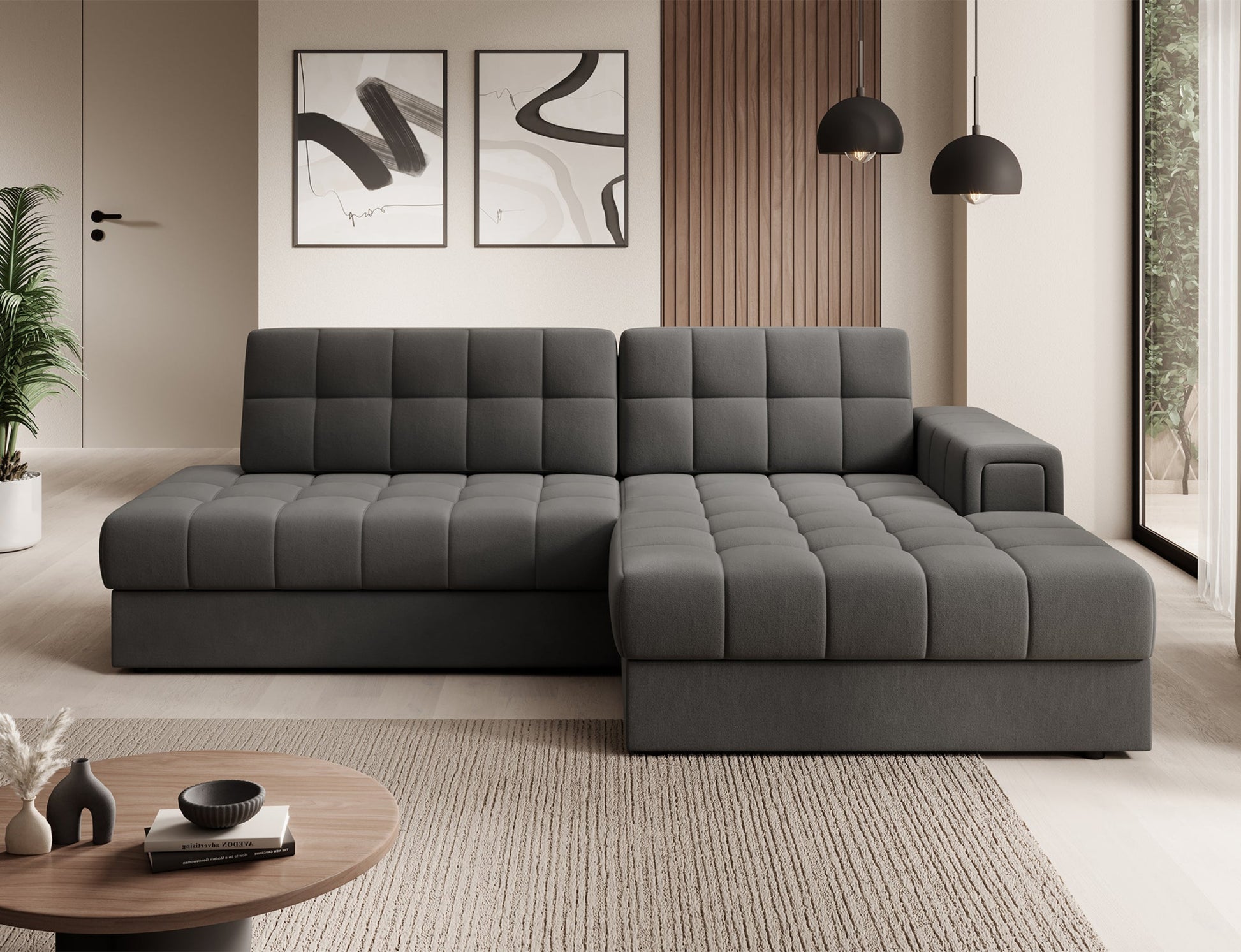 Narożnik Blezalt lewy Sola 06 szary – ujęcie w salonie, nowoczesne wnętrze, pikowane siedziska i oparcia, elegancki design.