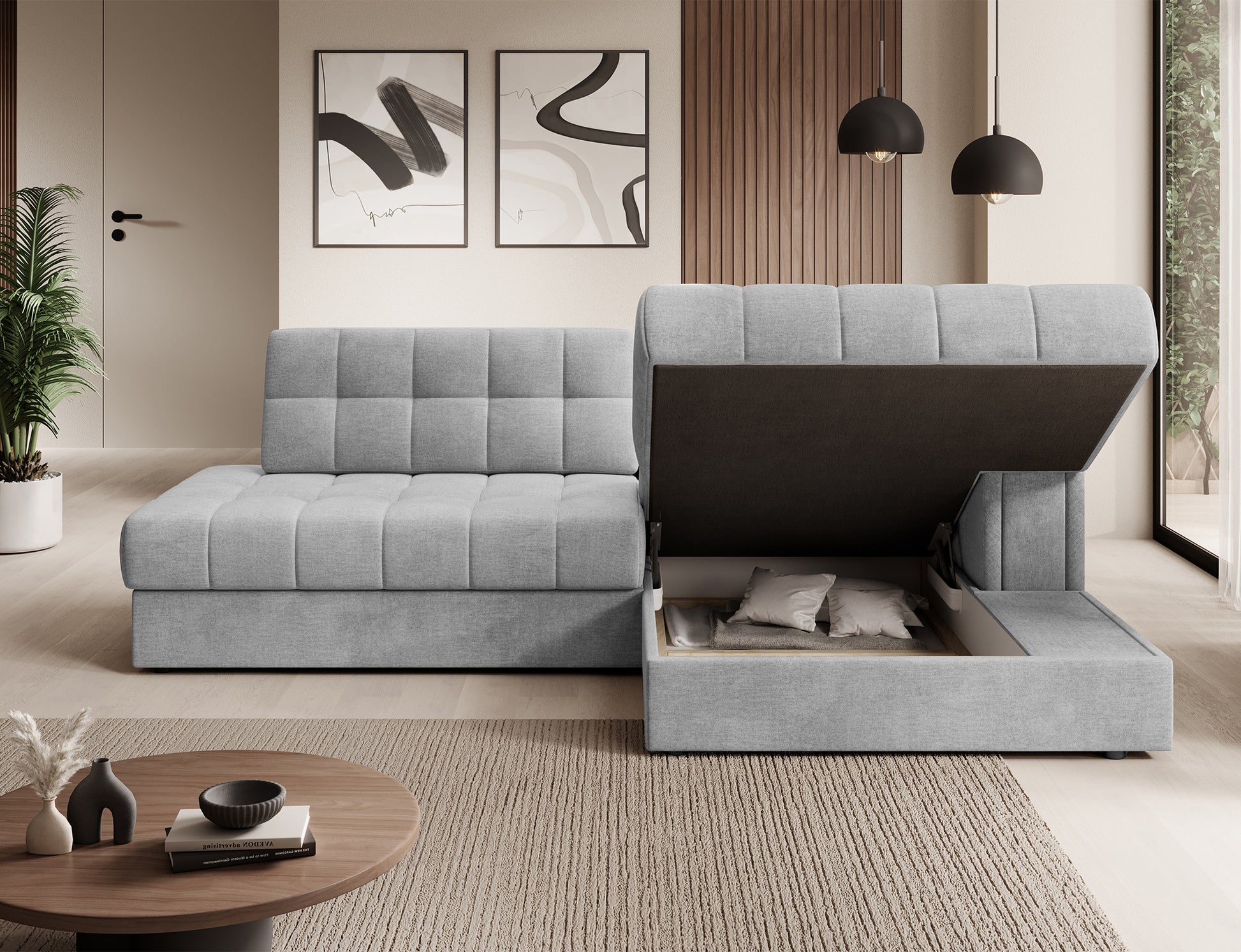 Prawy narożnik Blezalt Monolith 84 jasnoszary – otwarty pojemnik na pościel, nowoczesny design, funkcjonalność i elegancja w salonie.