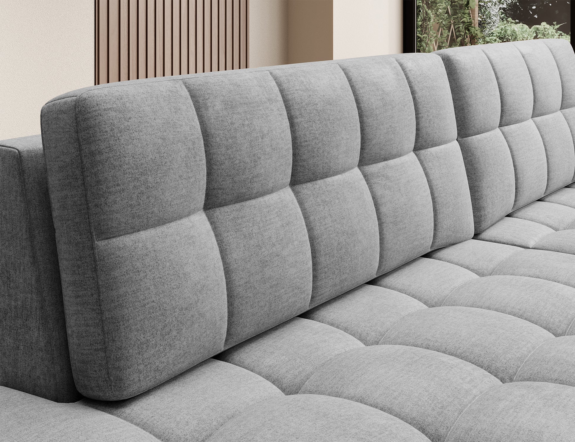 Szare pikowane oparcie narożnika Blezalt Monolith 85 w zbliżeniu – miękka powierzchnia i wyrazisty geometryczny wzór.