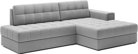 Narożnik Blezalt prawy Sola 04 jasnoszary w ujęciu skośnym – nowoczesna bryła, pikowane siedzisko i oparcie, minimalistyczny design.