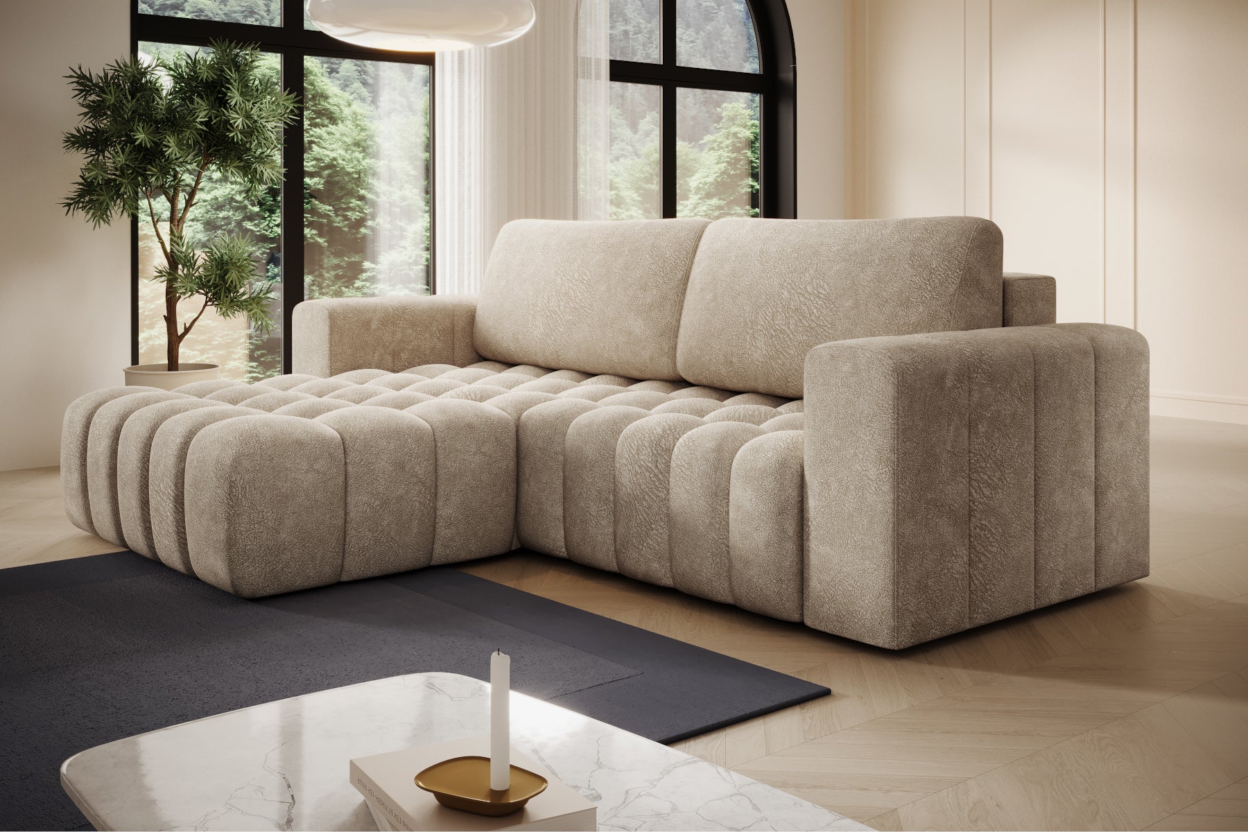 Narożnik Bonett beżowy – widok boczny na szezlong w aranżacji, układ lewy.