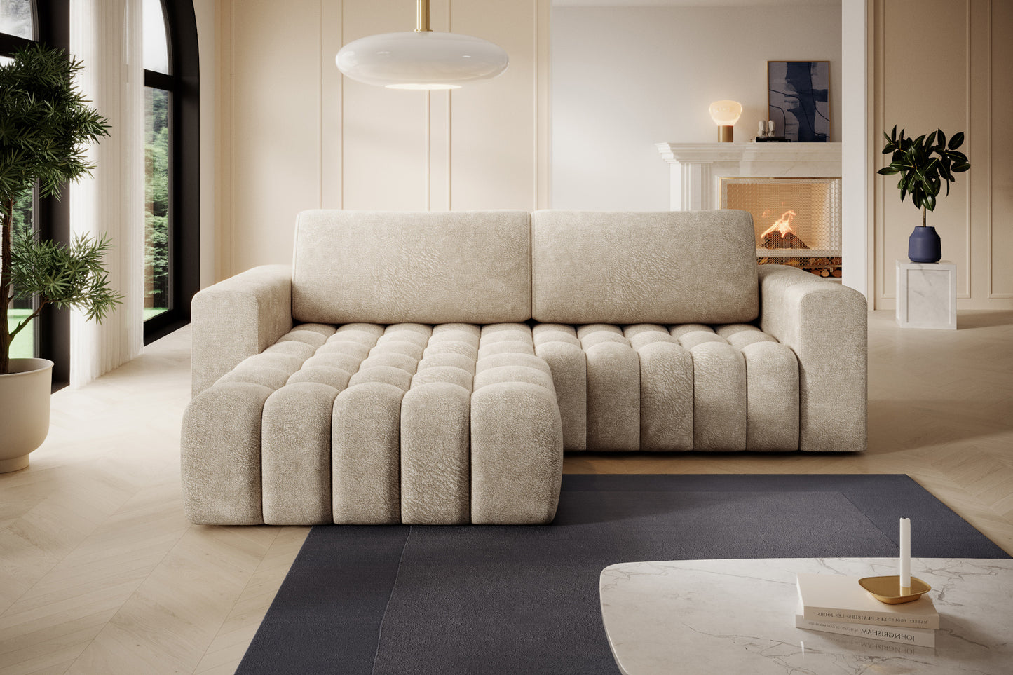 Narożnik Bonett beżowy w aranżacji salonu – widok z przodu, układ lewy.