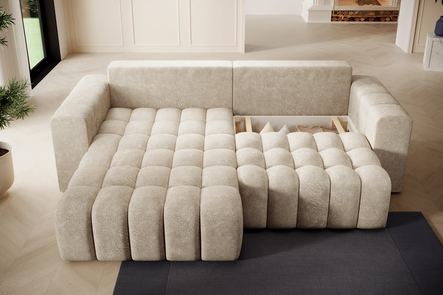 Zbliżenie na pikowania i miękkie oparcie narożnika Bonett, kolor beżowy.