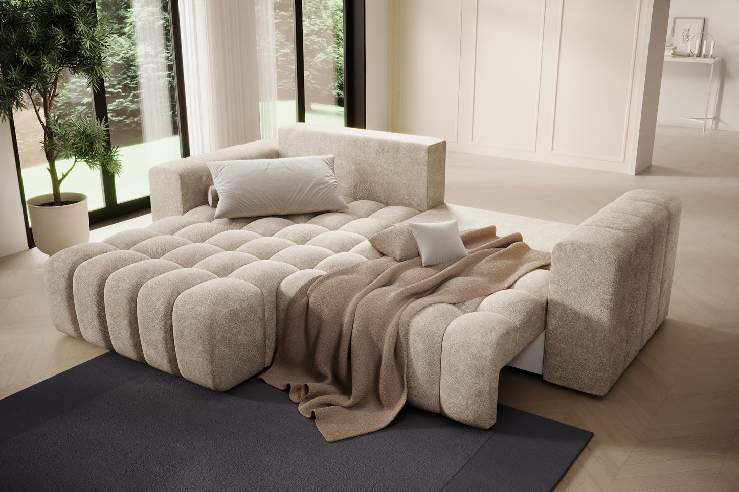 Narożnik Bonett rozłożony do spania – funkcja spania, układ lewy, beż Dora 21.