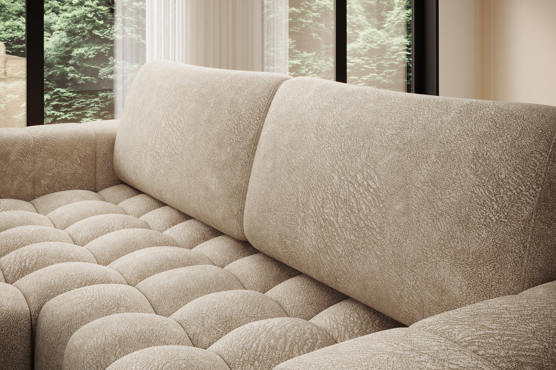 Narożnik Bonett od tyłu – zarys bryły, poduch i niskich nóżek, beż Dora 21, układ lewy.