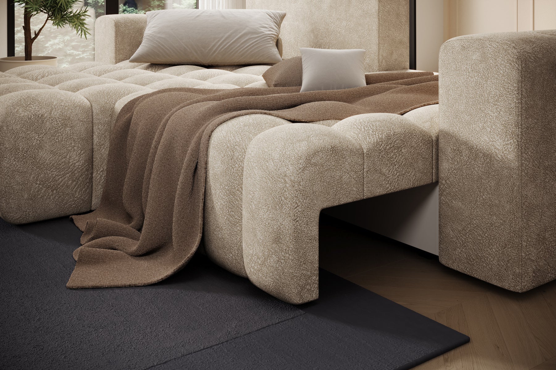 Detal siedziska i przeszyć narożnika Bonett – komfortowa pianka, tkanina Dora 21.