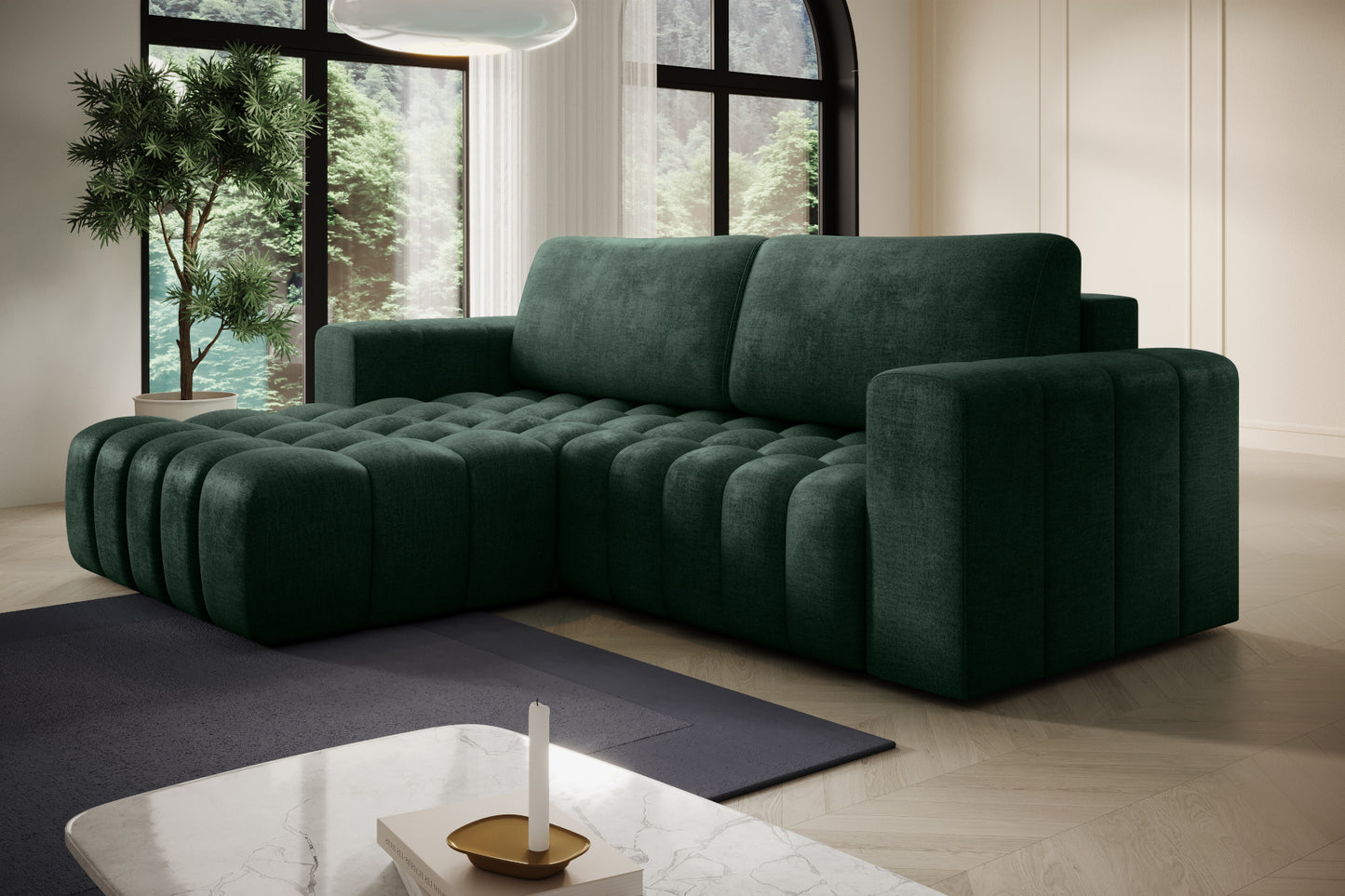 Bonett w aranżacji z roślinami — widok boczny na szezlong, układ lewy.