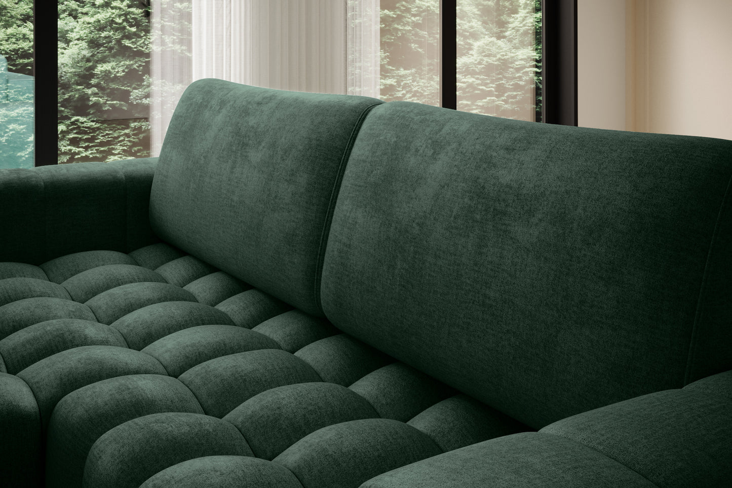 Zbliżenie na miękkie oparcie i pikowanie siedziska narożnika Bonett, kolor zielony.