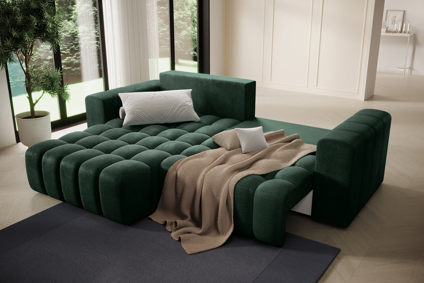 Bonett Monolith 37 — strefa relaksu z kocem na szezlongu, układ lewy.