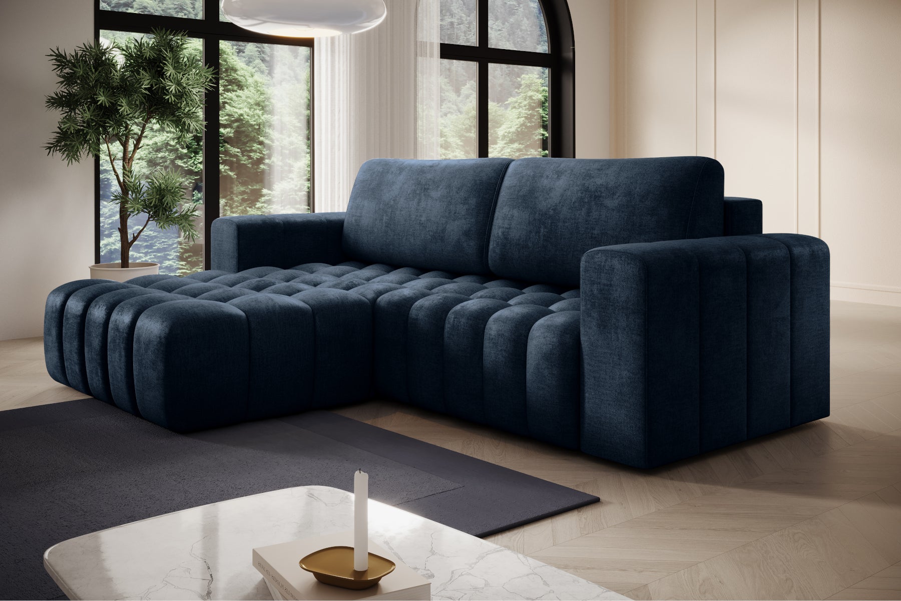 Bonett w aranżacji z roślinami — widok boczny na szezlong, Monolith 77, układ lewy.