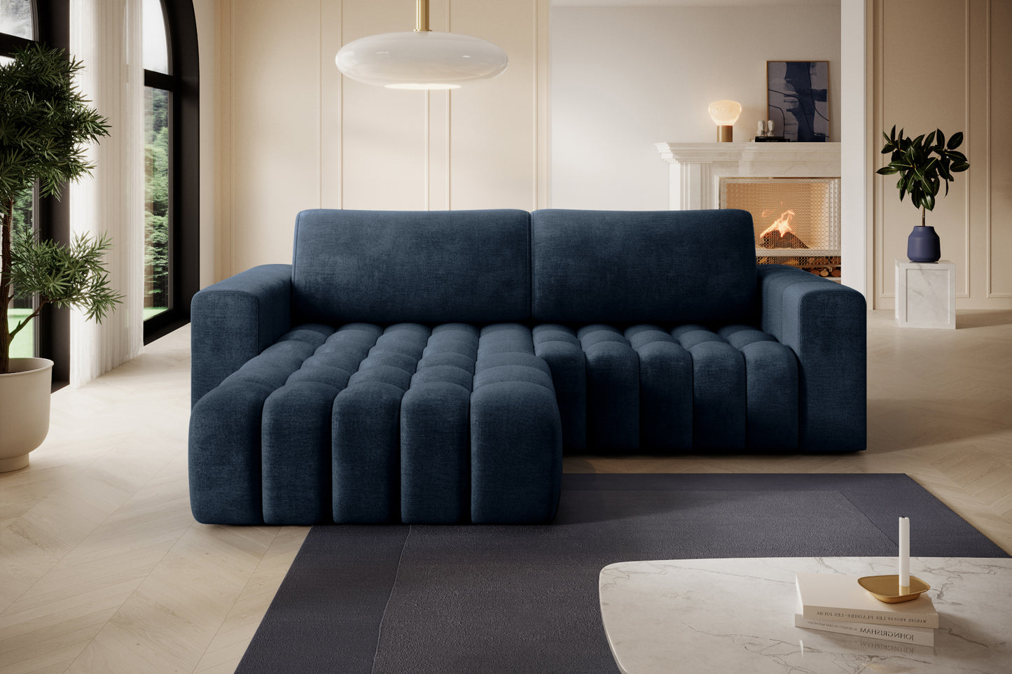 Bonett Monolith 77 niebieski w aranżacji salonu — widok z przodu, układ lewy.