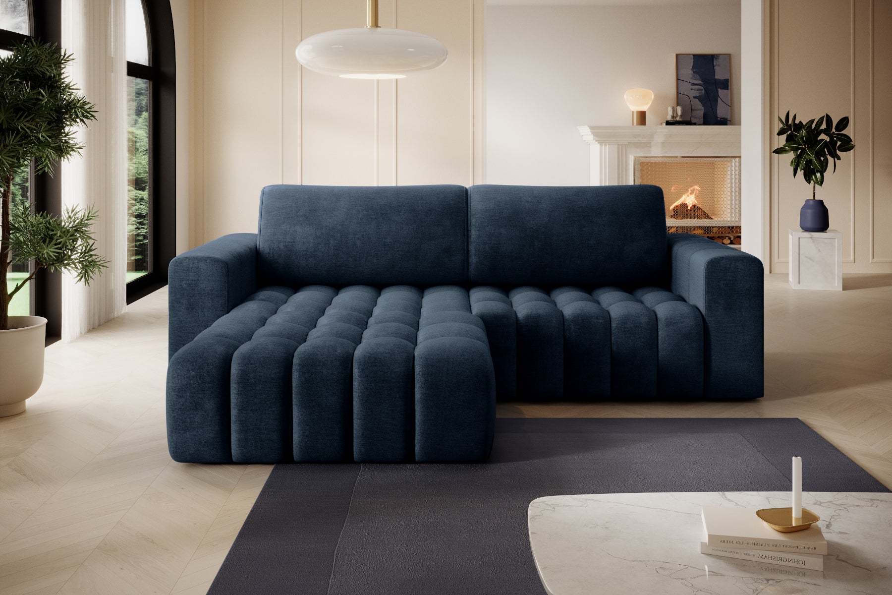 Bonett Monolith 77 niebieski w aranżacji salonu — widok z przodu, układ lewy.