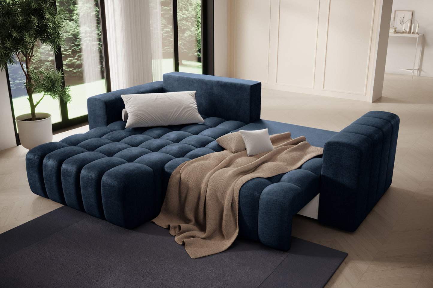 Zbliżenie na pikowane siedzisko i miękkie oparcie narożnika Bonett, Monolith 77.