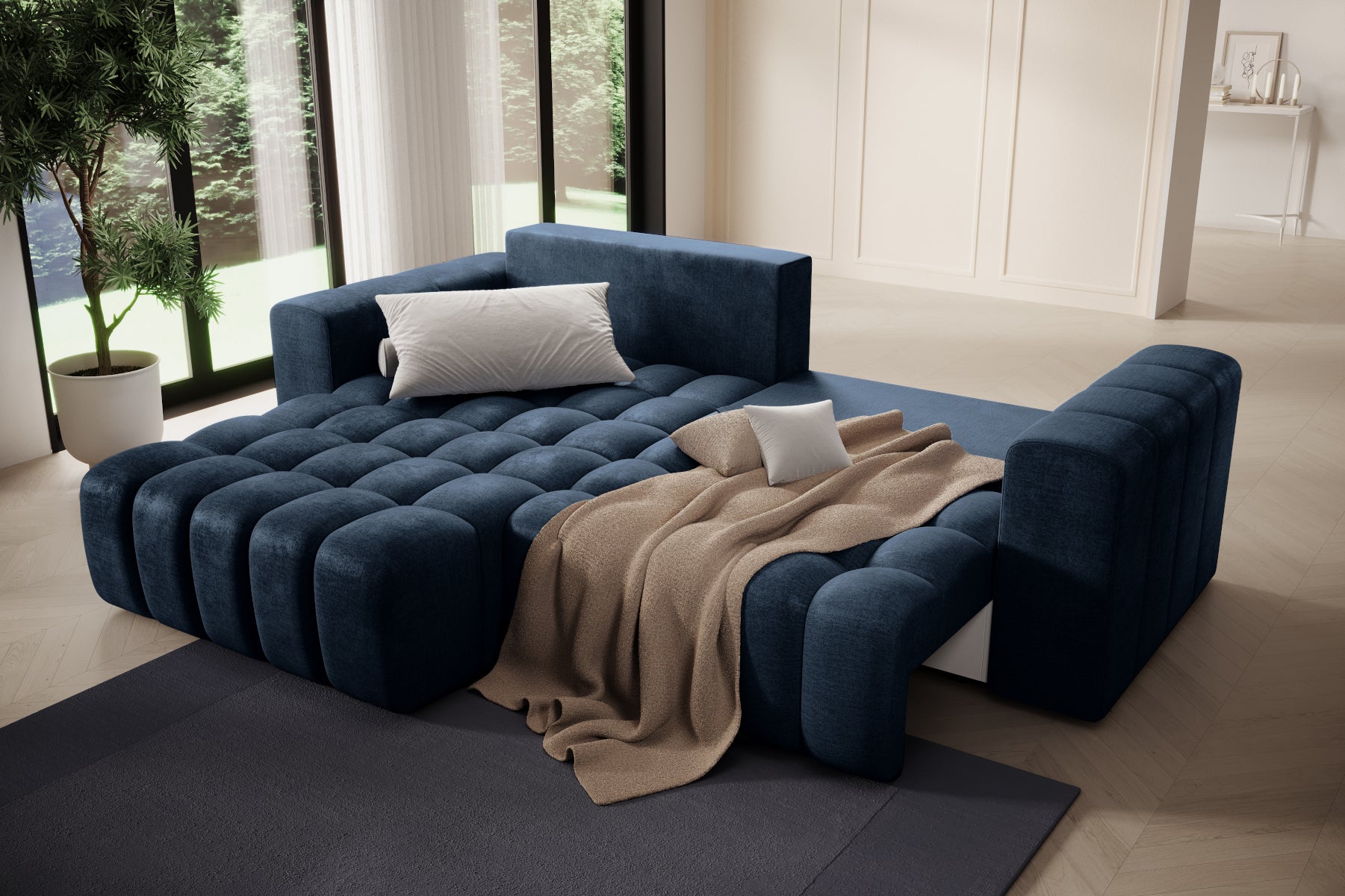 Zbliżenie na pikowane siedzisko i miękkie oparcie narożnika Bonett, Monolith 77.