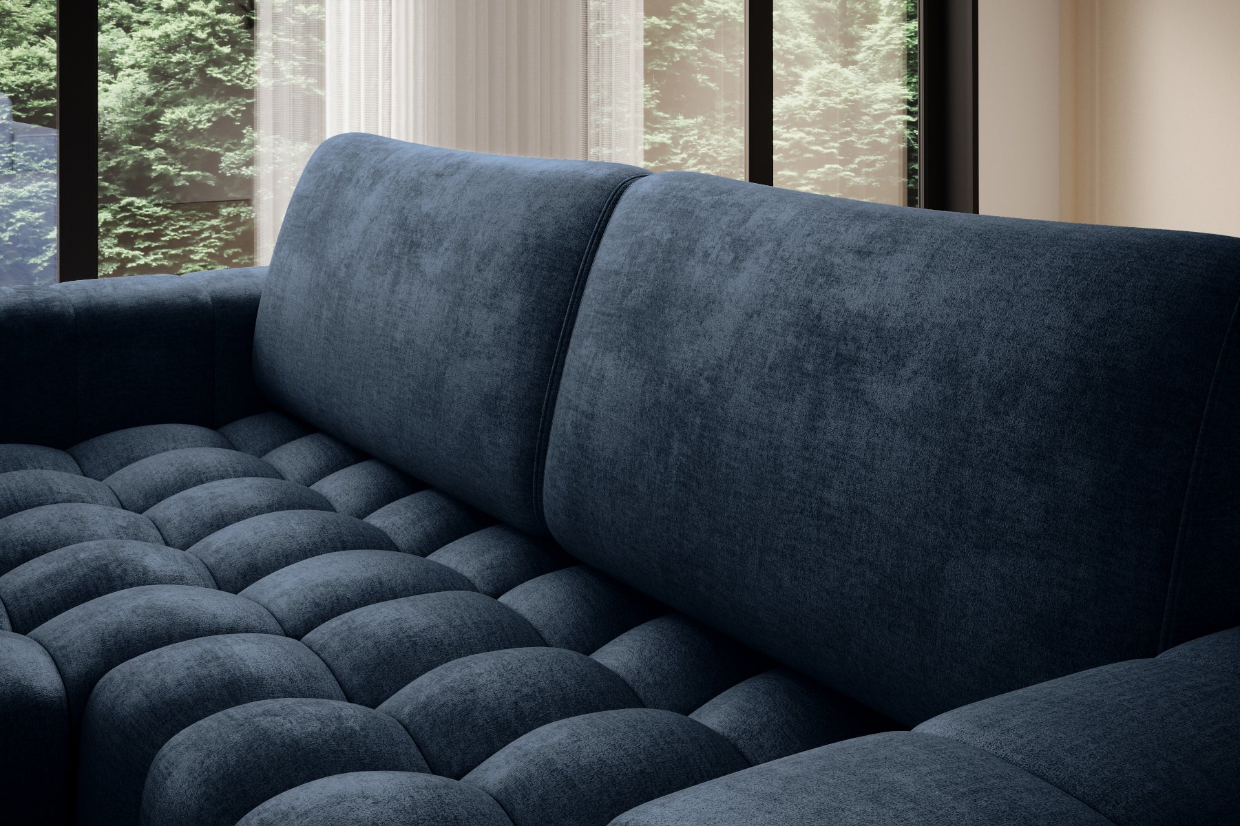 Bonett Monolith 77 — ujęcie narożnika od strony szezlongu z narzutą, układ lewy.