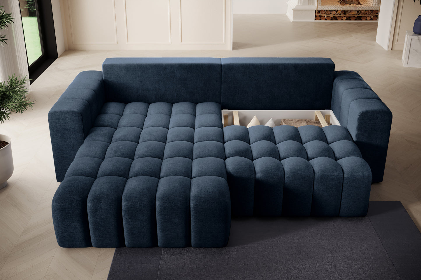 Widok z góry na pikowane siedzisko narożnika Bonett, Monolith 77 niebieski.