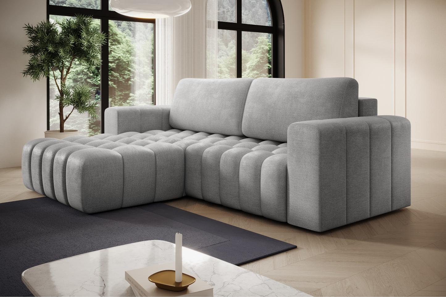 Bonett w aranżacji z roślinami — widok boczny na szezlong, Monolith 84, układ lewy.