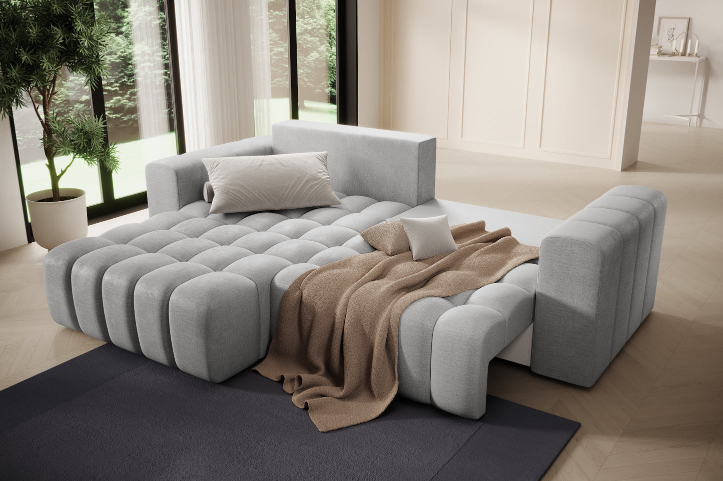 Aranżacja salonu z pledem na narożniku Bonett — Monolith 84, układ lewy.