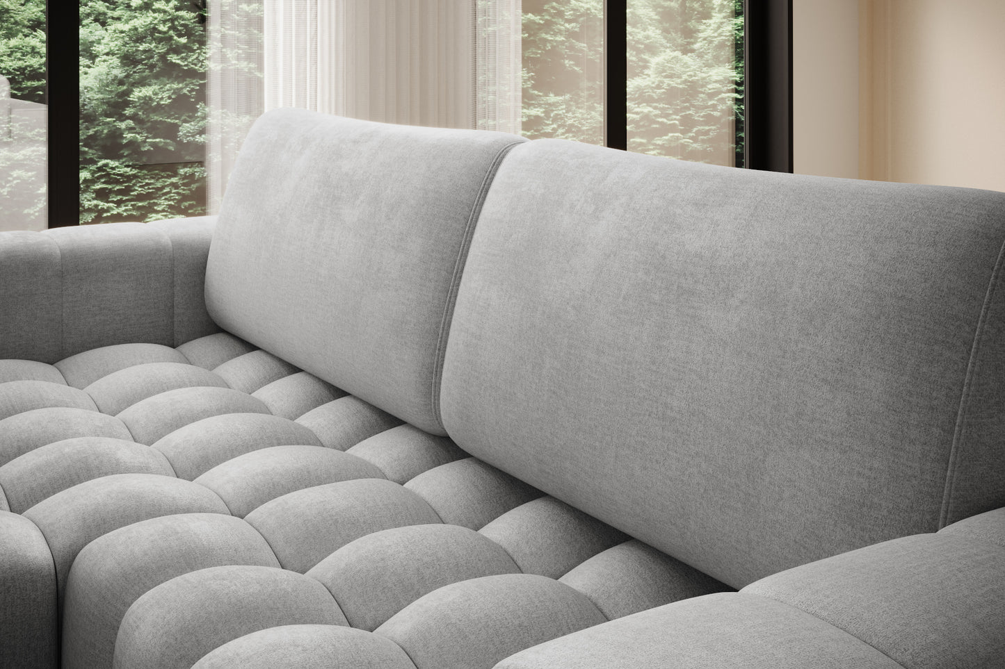 Zbliżenie na pikowane siedzisko i miękkie oparcie narożnika Bonett, Monolith 84.