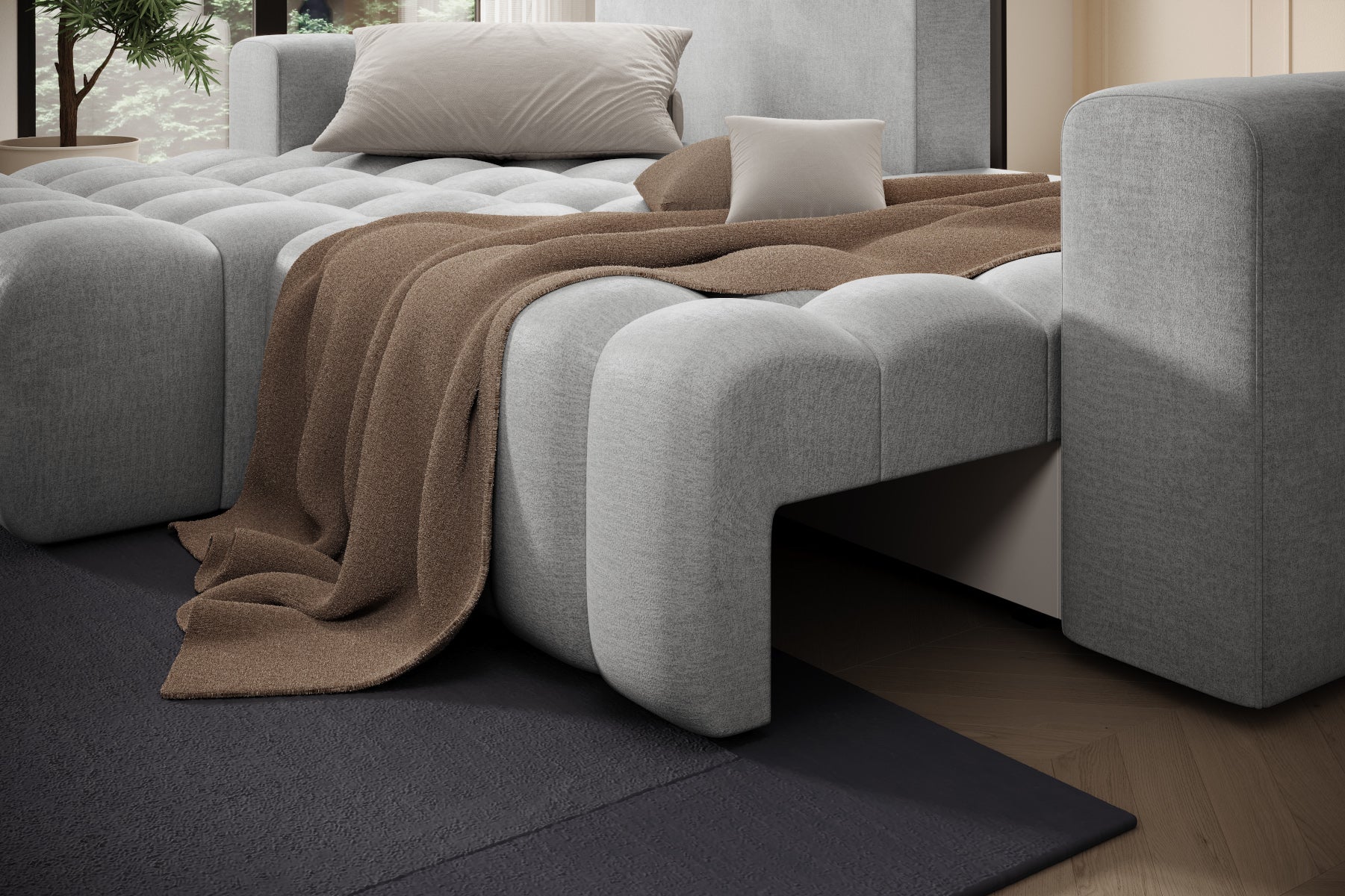 Bonett Monolith 84 — ujęcie narożnika od strony szezlongu z narzutą, układ lewy.