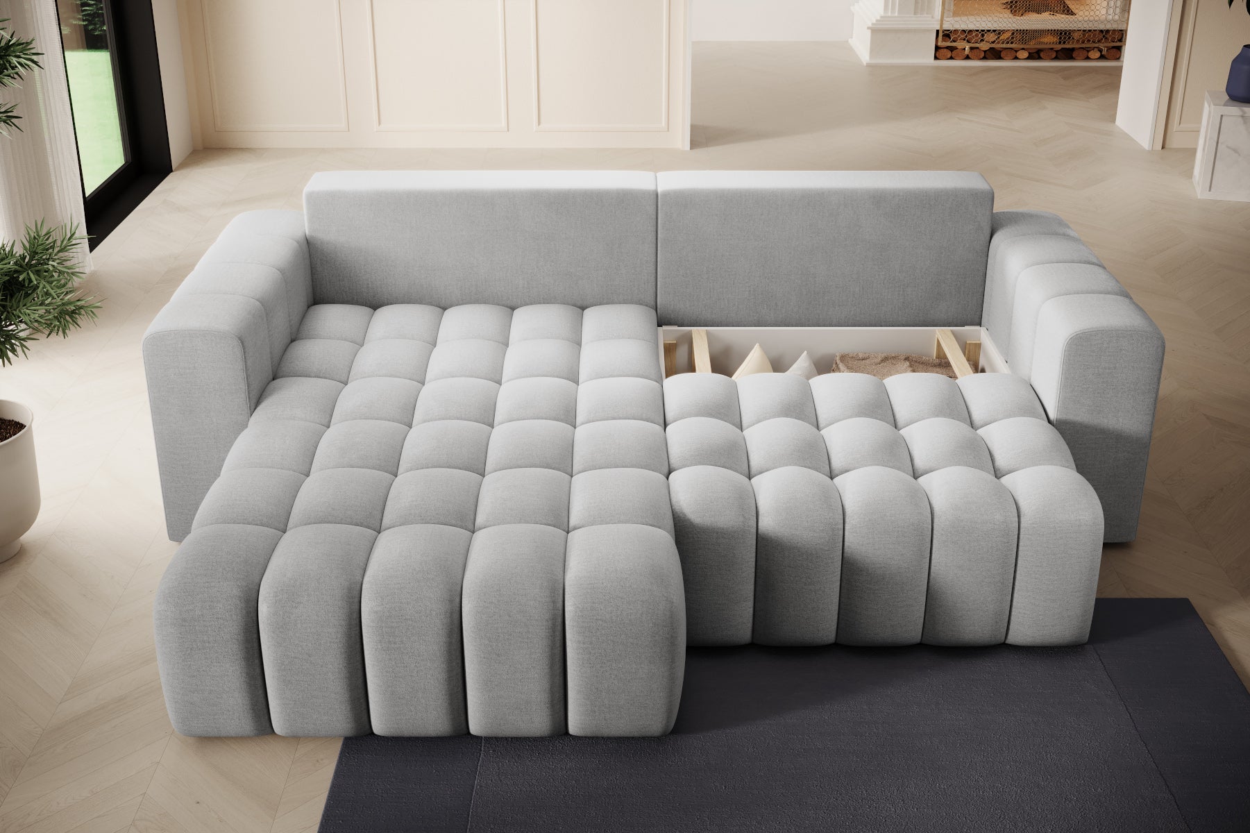 Widok z góry na pikowane siedzisko narożnika Bonett, Monolith 84 jasnoszary.