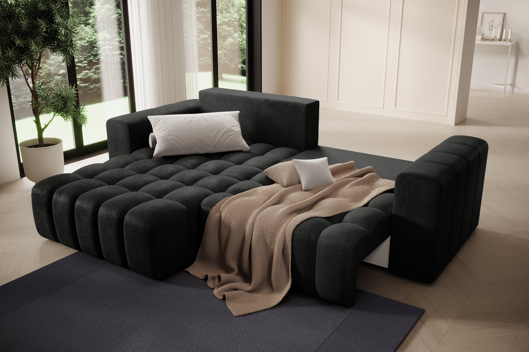 Aranżacja salonu z pledem na narożniku Bonett, Monolith 97, układ lewy.