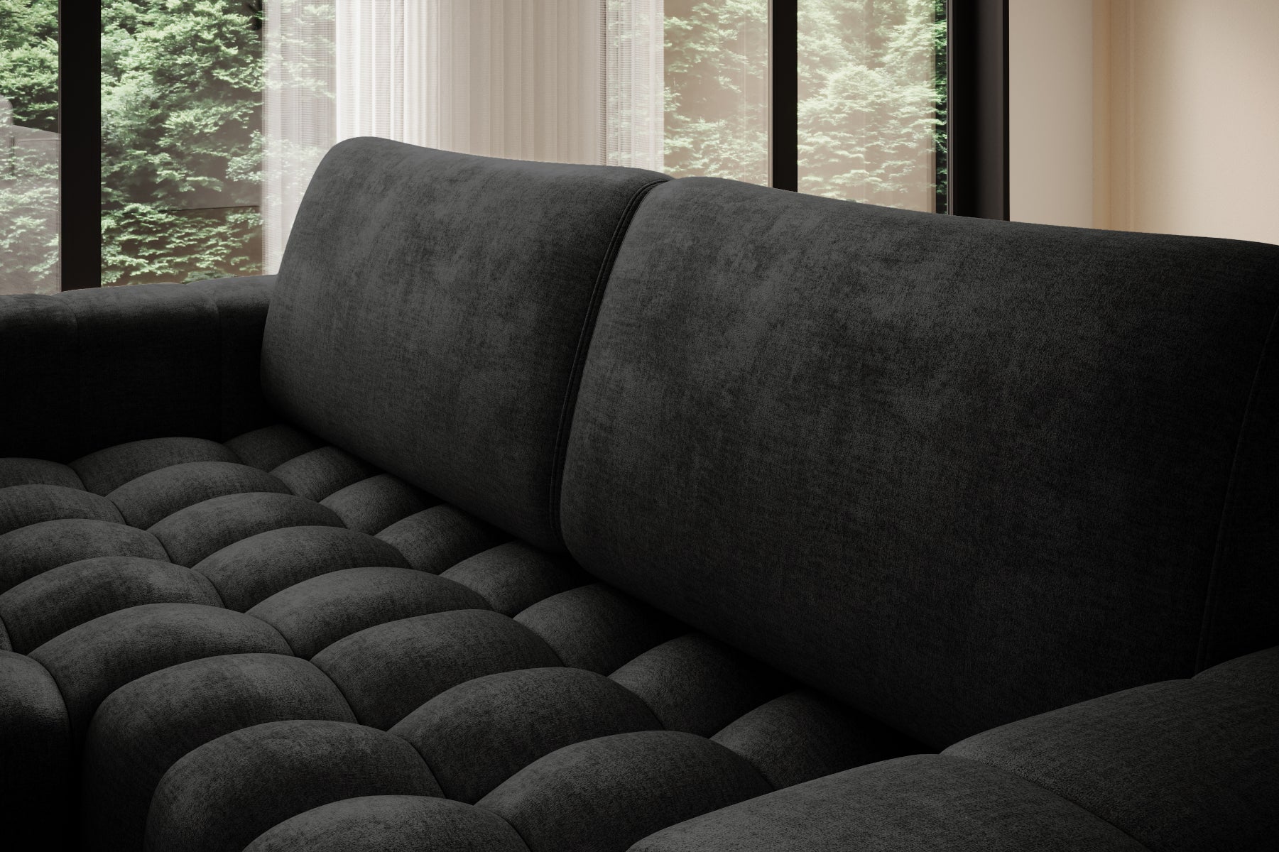 Zbliżenie na pikowane siedzisko narożnika Bonett — tkanina Monolith 97.