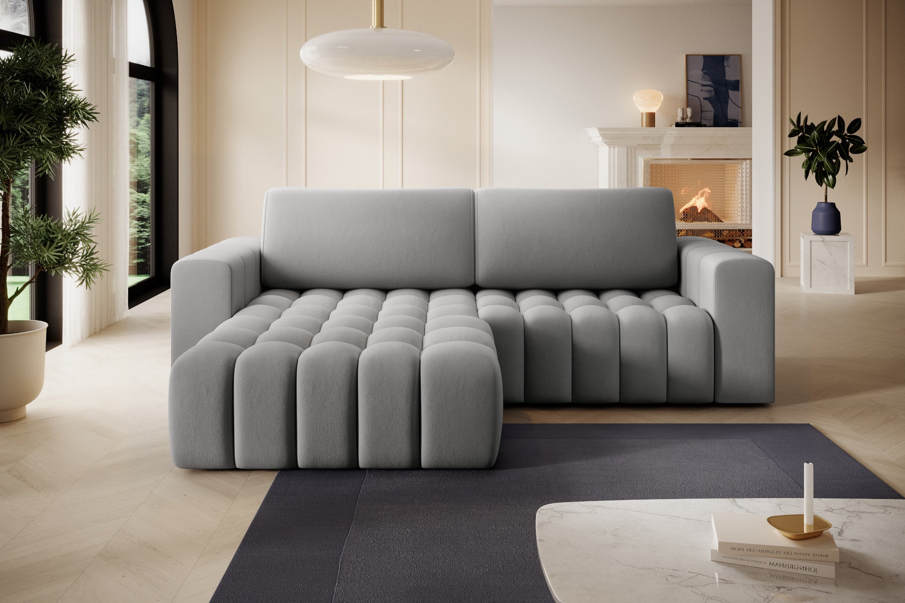 Bonett w aranżacji salonu – widok z przodu, tkanina Paros 05, układ lewy.