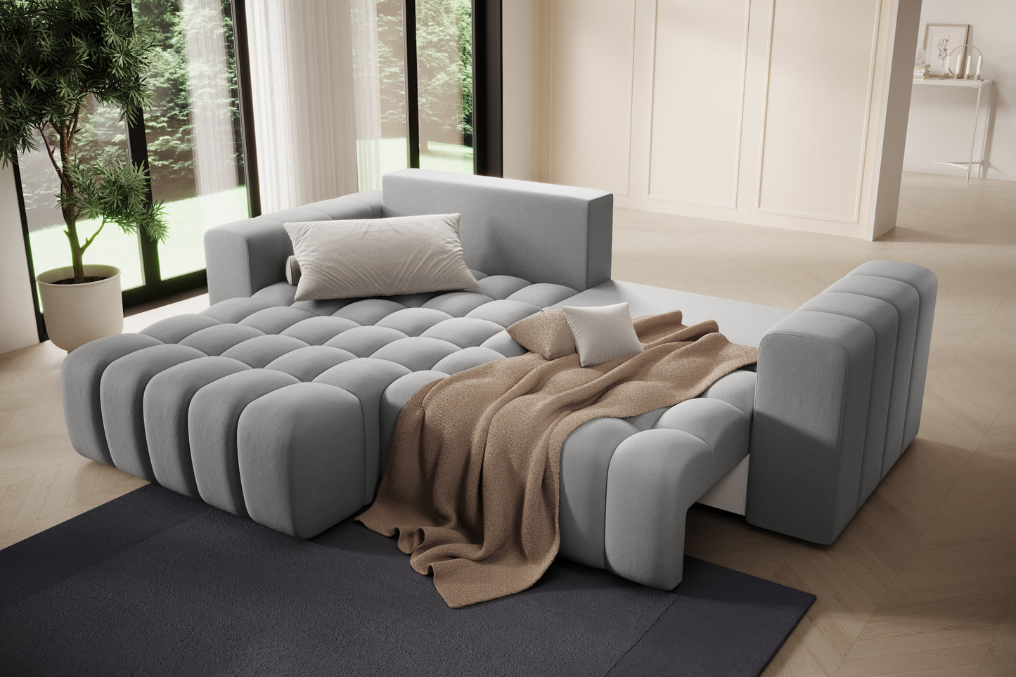 Aranżacja salonu z pledem na siedzisku narożnika Bonett, układ lewy.