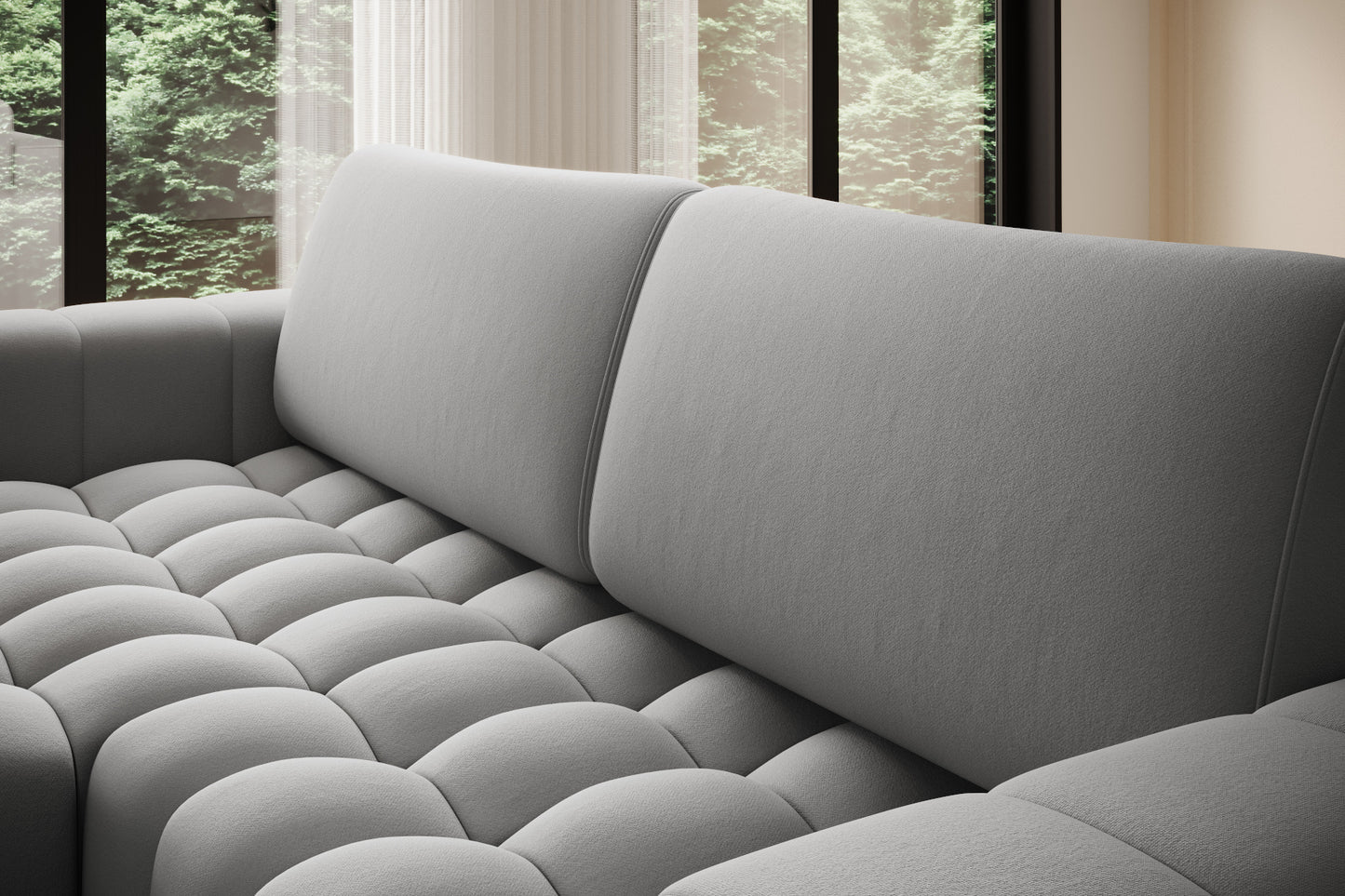 Zbliżenie na pikowane siedzisko narożnika Bonett – tkanina Paros 05.