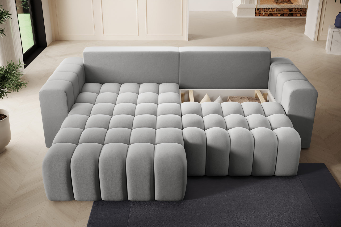 Narożnik Bonett rozłożony do spania, jasnoszary Paros 05, układ lewy.