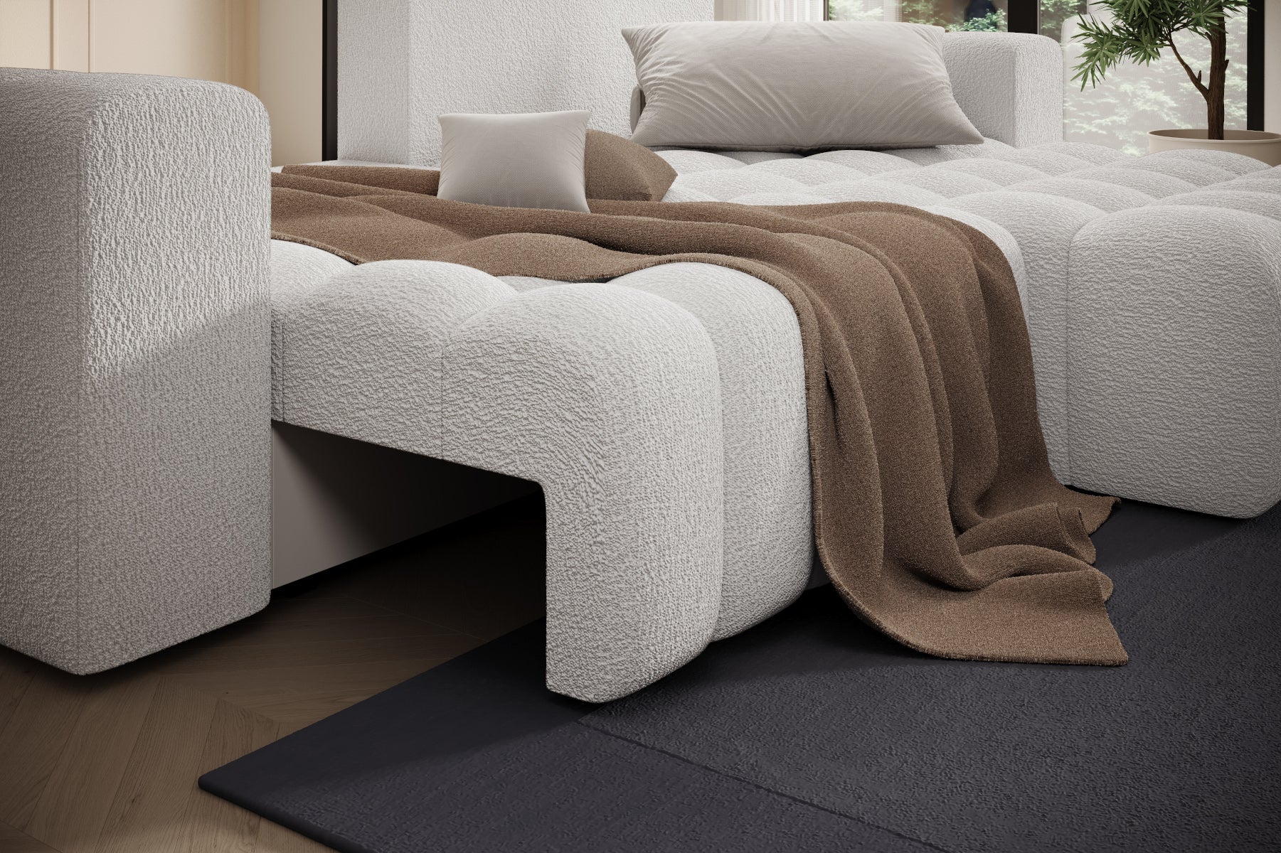 Narożnik Bonett Royal 01 jasnobeżowy z pikowaniem i miękkim wykończeniem, idealny do nowoczesnych aranżacji, zapewnia wygodę podczas odpoczynku i spotkań z rodziną