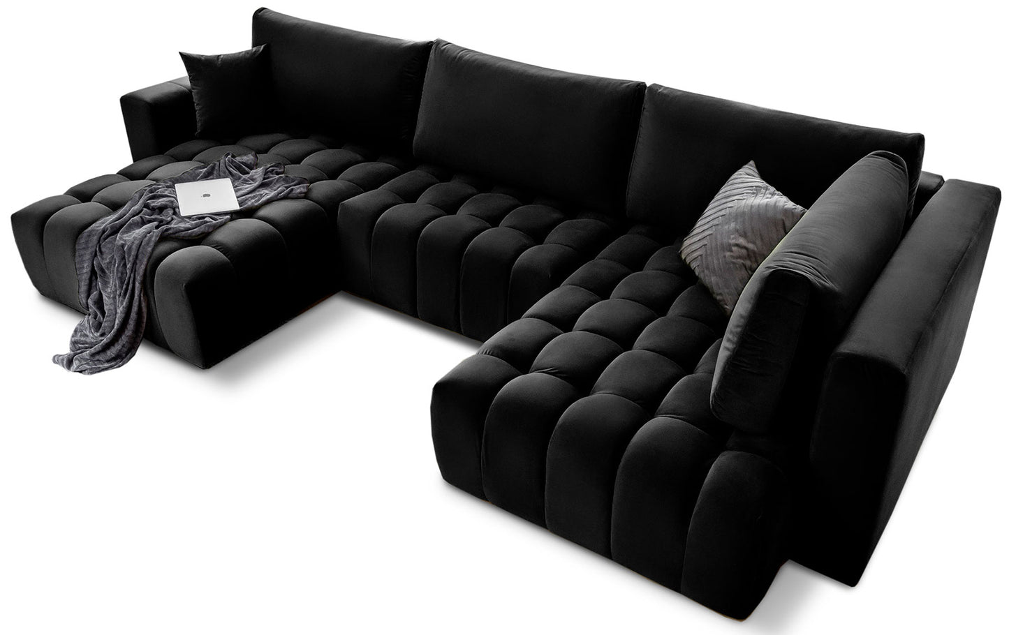 Czarny narożnik Bonito lewy w tkaninie Loco 10 prezentuje nowoczesny design z efektownym pikowaniem i głębokim siedziskiem. Stylowy narożnik do dużego salonu zapewnia wygodę codziennego wypoczynku i elegancki wygląd wnętrza.