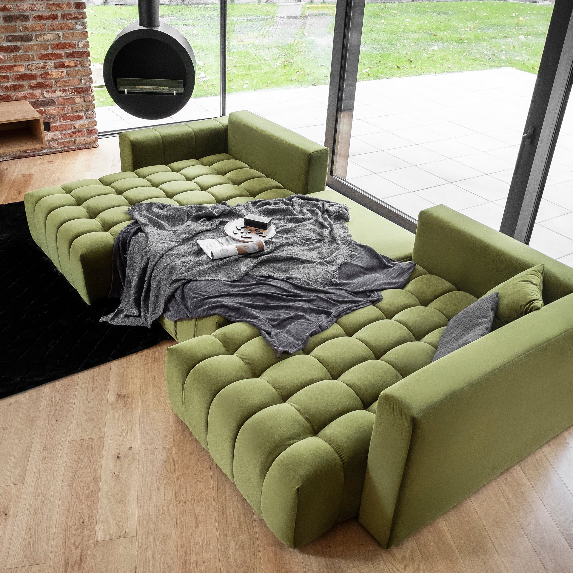 Narożnik Bonito, Loco 33 jasnozielony – rozłożona funkcja spania w aranżacji