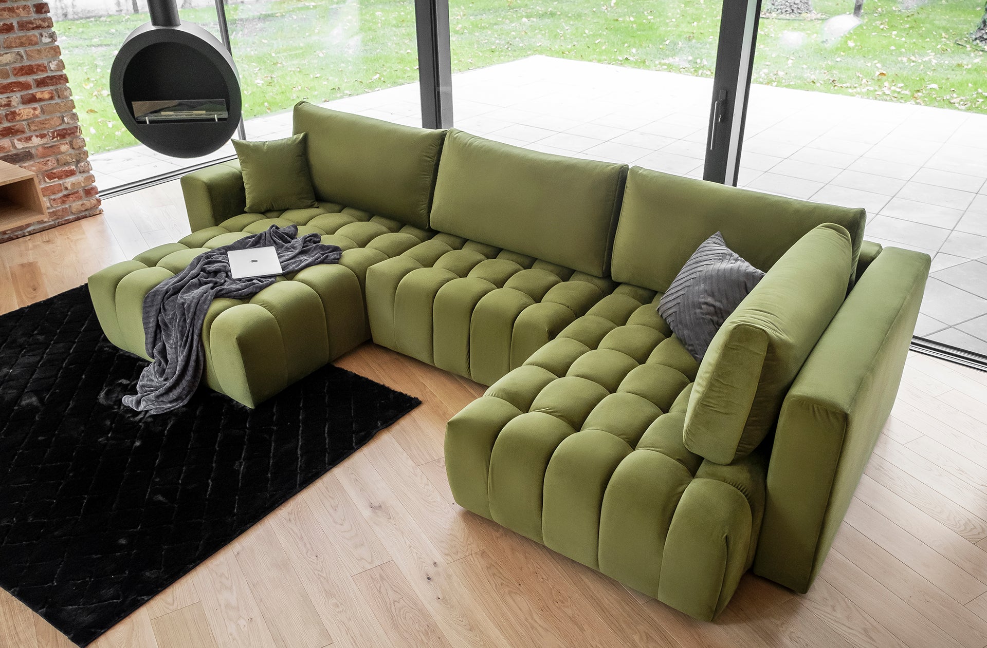 Narożnik Bonito, Loco 33 jasnozielony – widok z góry na siedziska i przeszycia