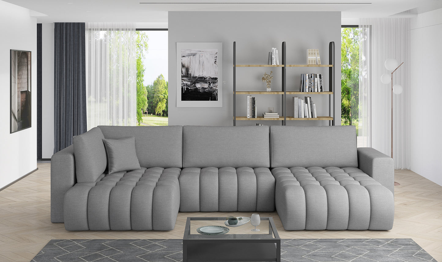 Narożnik Bonito w tkaninie Flores 04 szary, modułowa sofa narożna ustawiona w nowoczesnym salonie