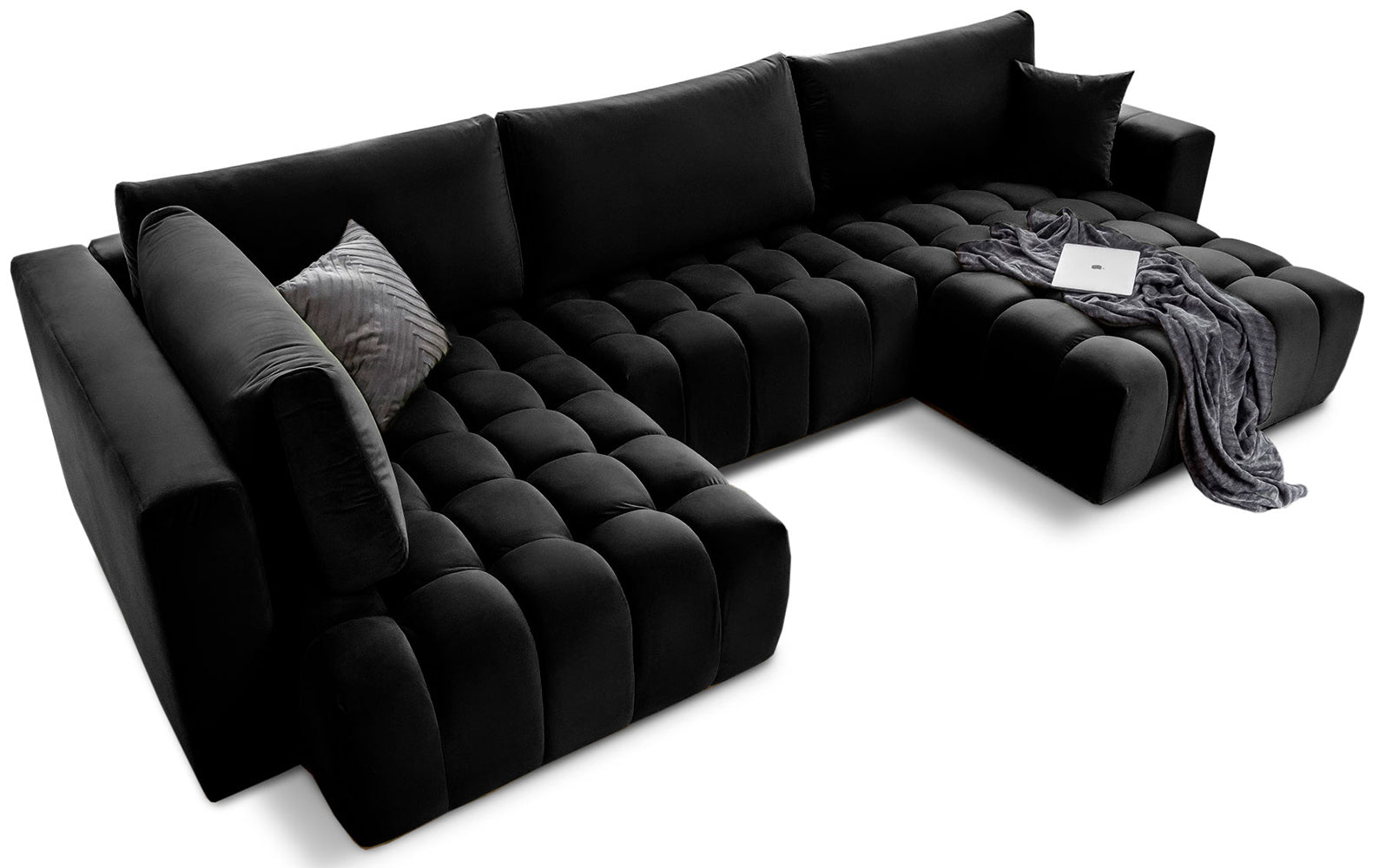Narożnik Bonito, modułowa sofa narożna w tkaninie Loco 10 czarny, widok perspektywiczny z szezlongiem