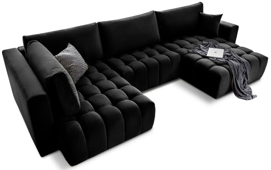 Narożnik Bonito, modułowa sofa narożna w tkaninie Loco 10 czarny, widok perspektywiczny z szezlongiem