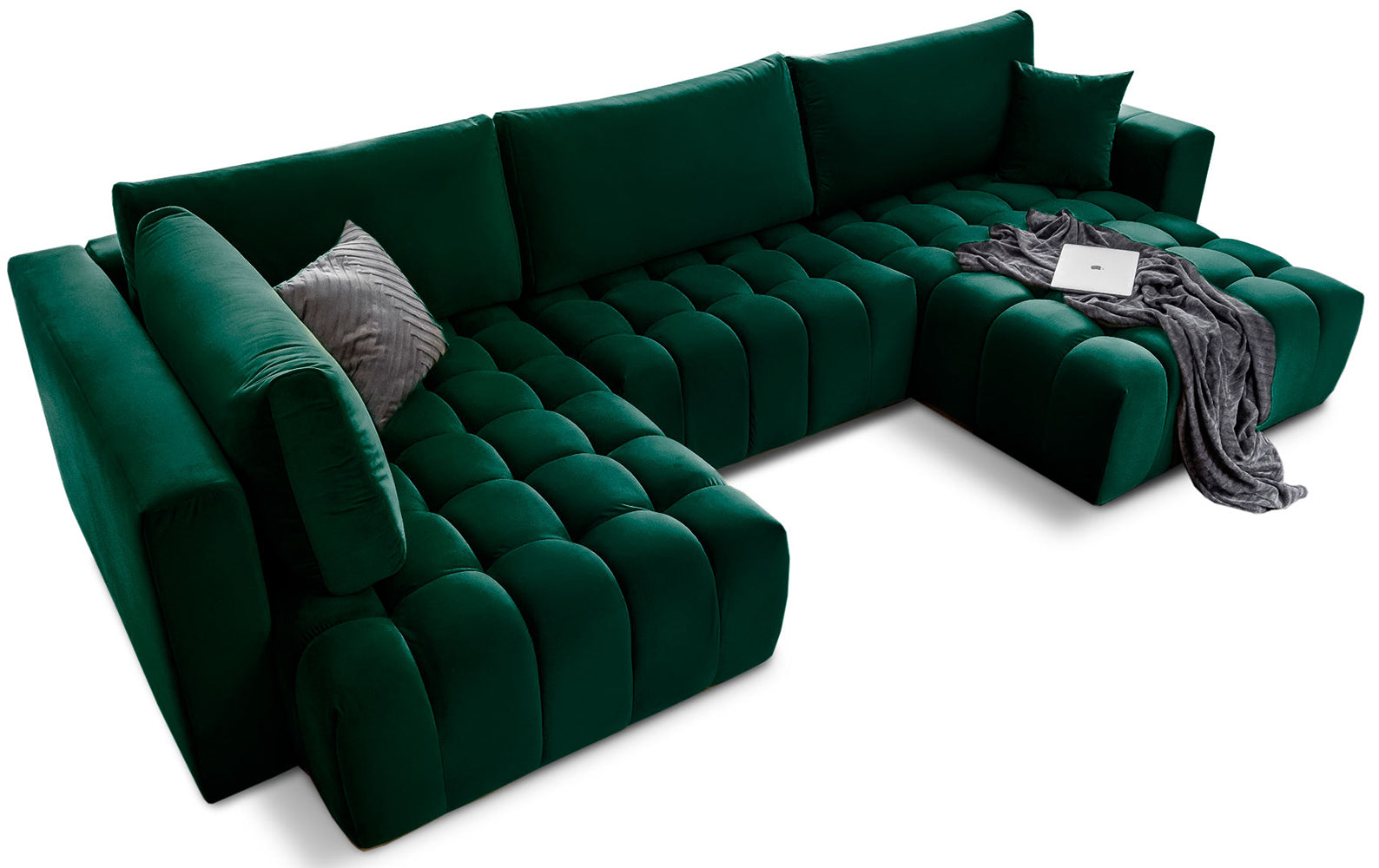 Narożnik Bonito, modułowa sofa narożna w tkaninie Loco 35 zielony, widok perspektywiczny z szezlongiem