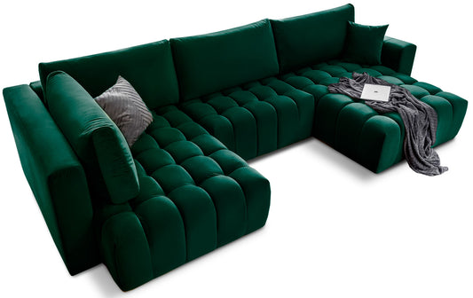 Narożnik Bonito, modułowa sofa narożna w tkaninie Loco 35 zielony, widok perspektywiczny z szezlongiem