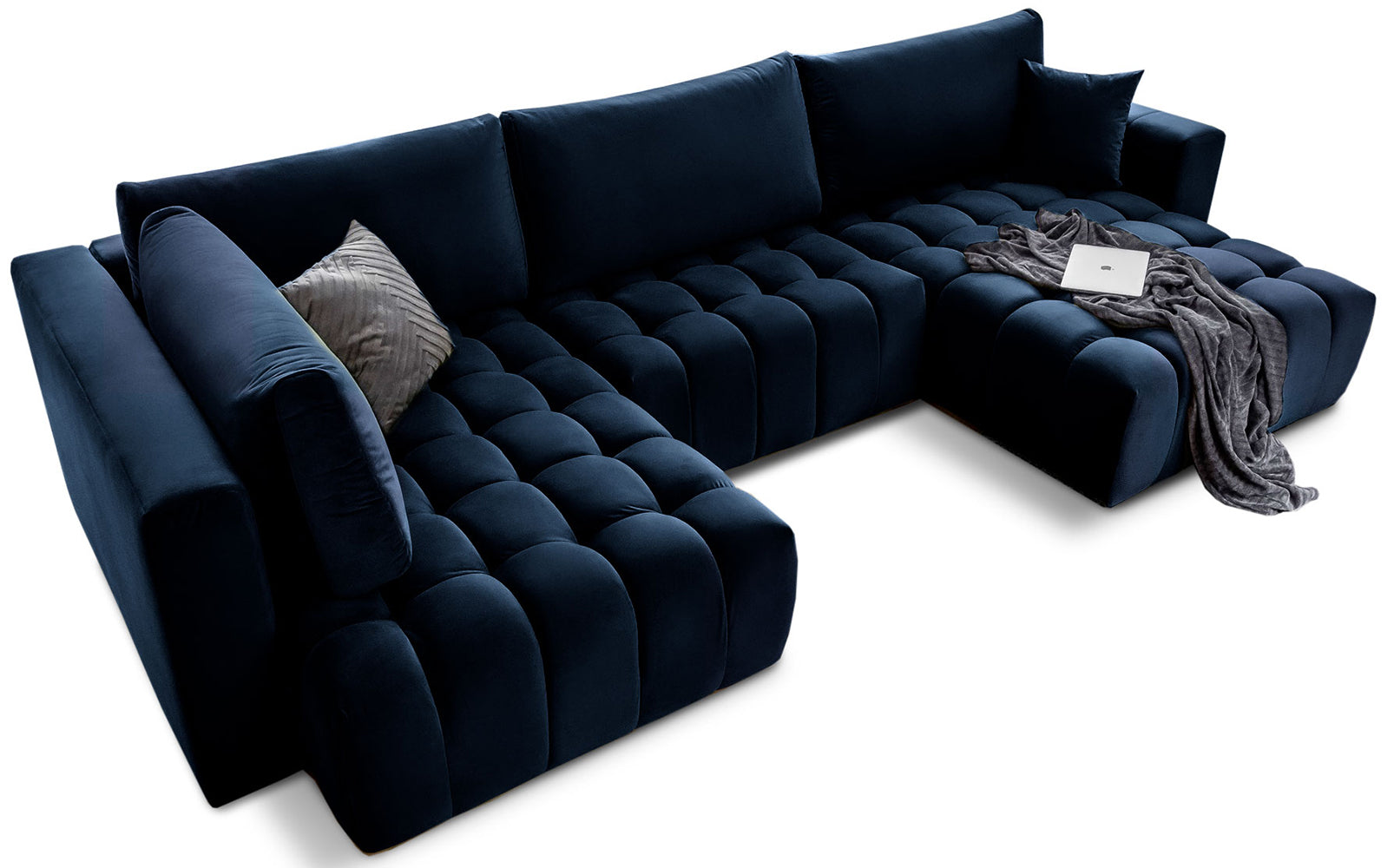 Narożnik Bonito, modułowa sofa narożna w tkaninie Loco 40 granatowy, widok perspektywiczny z szezlongiem