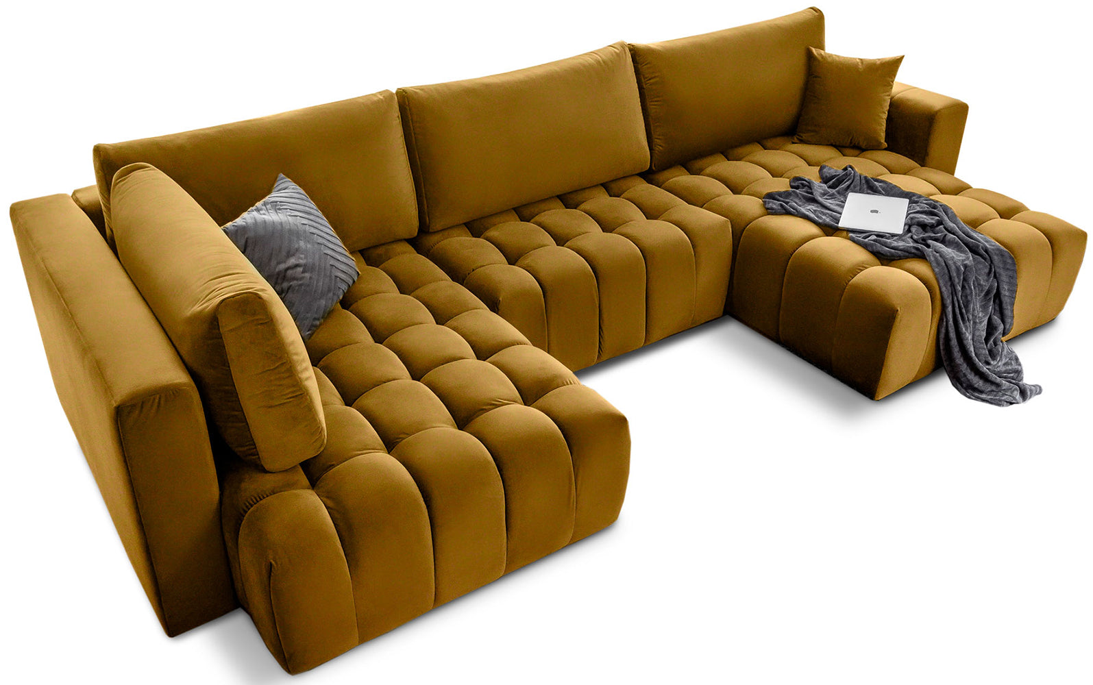 Narożnik Bonito, modułowa sofa narożna w tkaninie Loco 45 żółty, widok perspektywiczny z szezlongiem
