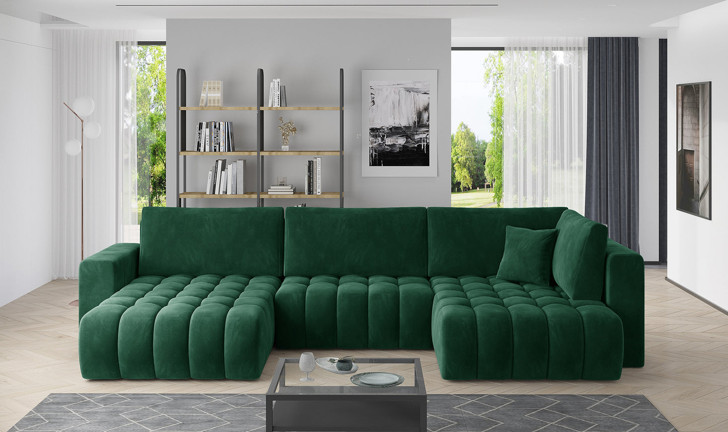 Narożnik Bonito w tkaninie Lukso 35 zielony, modułowa sofa narożna ustawiona w nowoczesnym salonie