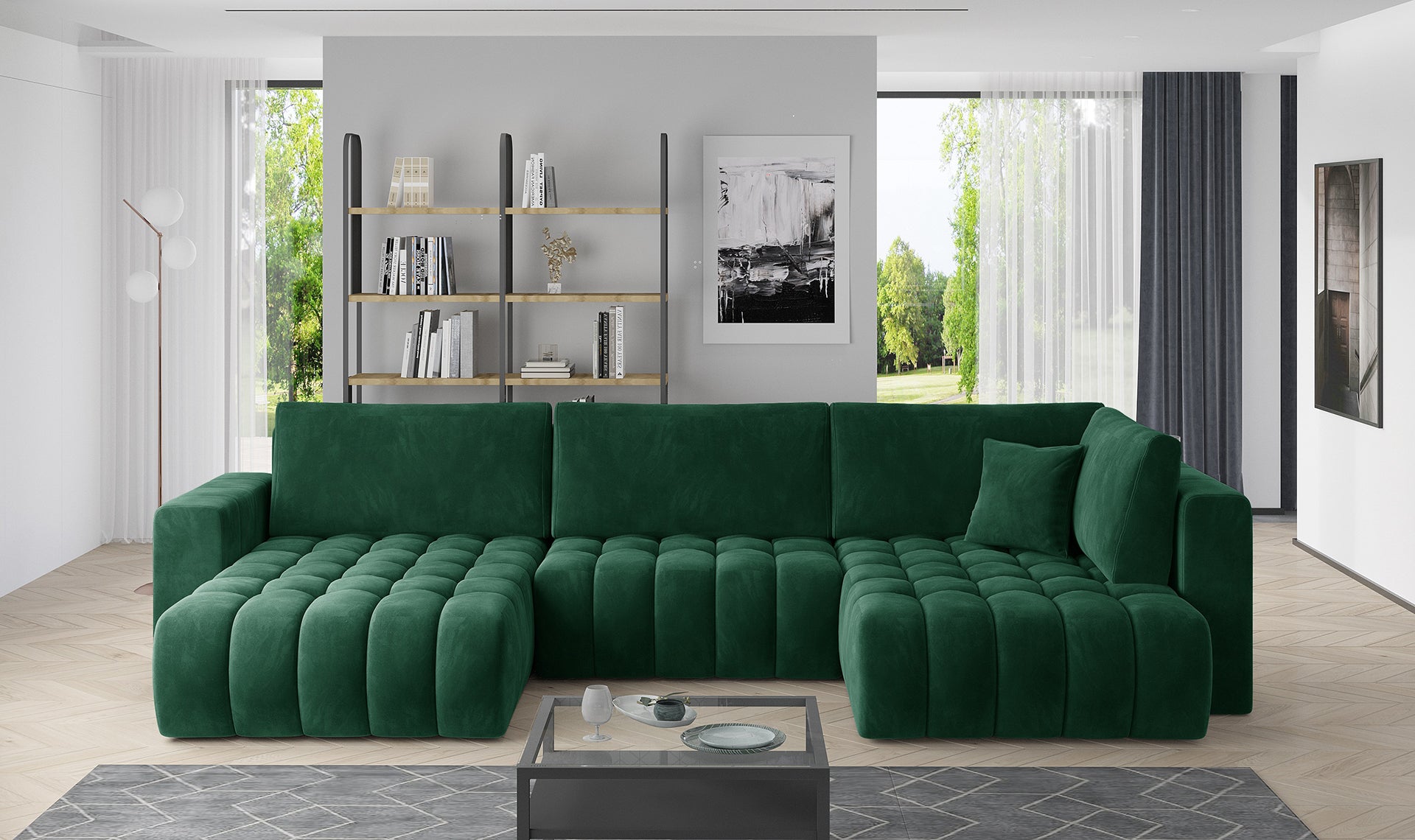 Narożnik Bonito w tkaninie Lukso 35 zielony, modułowa sofa narożna ustawiona w nowoczesnym salonie