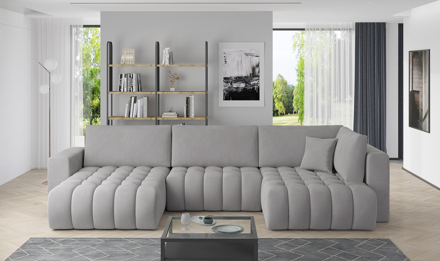 Narożnik Bonito w tkaninie Nube 03 jasnoszary, modułowa sofa narożna ustawiona w nowoczesnym salonie