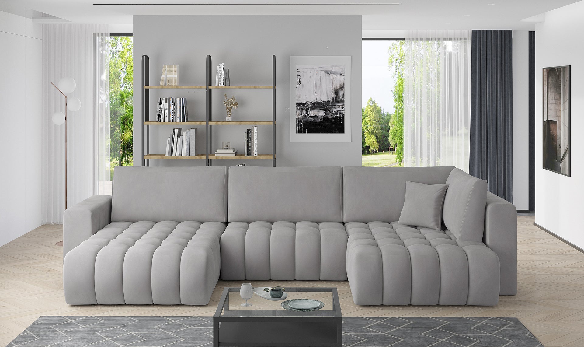 Narożnik Bonito w tkaninie Nube 03 jasnoszary, modułowa sofa narożna ustawiona w nowoczesnym salonie